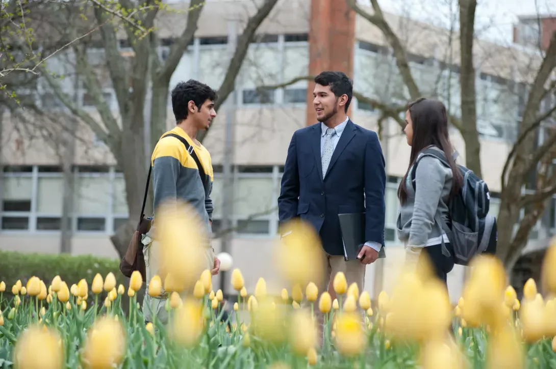 Students standing outside talking